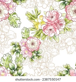 Abstract seamless pattern with plants, herbs and flowers, botanical illustration.