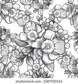 Abstract seamless pattern with plants, herbs and flowers, botanical illustration.