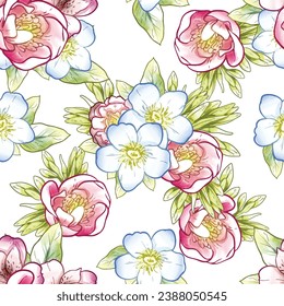 Abstract seamless pattern with plants, herbs and flowers, botanical illustration.