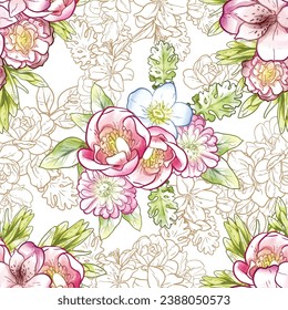 Abstract seamless pattern with plants, herbs and flowers, botanical illustration.