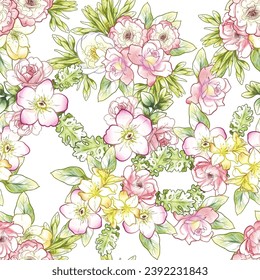 Abstract seamless pattern with plants, herbs and flowers, botanical illustration.