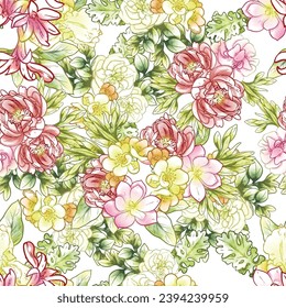 Abstraktes nahtloses Muster mit Pflanzen, Kräutern und Blumen, botanische Illustration.