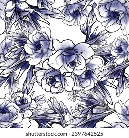 Abstract seamless pattern with plants, herbs and flowers, botanical illustration.