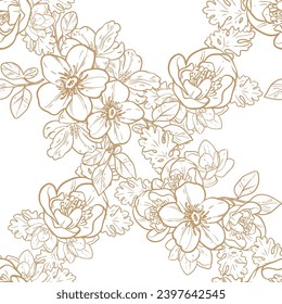 Abstract seamless pattern with plants, herbs and flowers, botanical illustration.