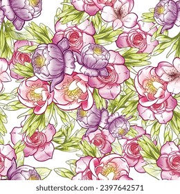 Abstract seamless pattern with plants, herbs and flowers, botanical illustration.