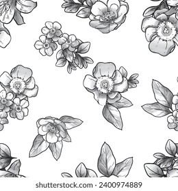 Abstract seamless pattern with plants, herbs and flowers, botanical illustration.