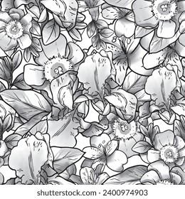 Abstract seamless pattern with plants, herbs and flowers, botanical illustration.