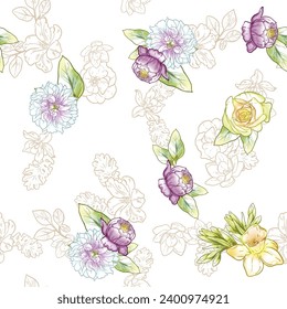 Abstract seamless pattern with plants, herbs and flowers, botanical illustration.