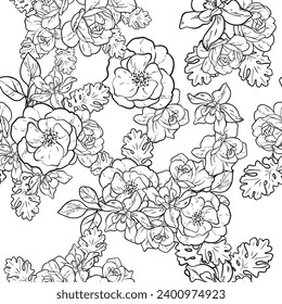 Abstraktes nahtloses Muster mit Pflanzen, Kräutern und Blumen, botanische Illustration.