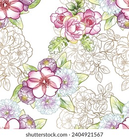 Abstract seamless pattern with plants, herbs and flowers, botanical illustration.