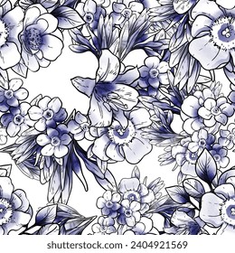 Abstract seamless pattern with plants, herbs and flowers, botanical illustration.