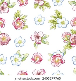Abstraktes nahtloses Muster mit Pflanzen, Kräutern und Blumen, botanische Illustration.