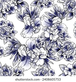 Abstract seamless pattern with plants, herbs and flowers, botanical illustration.