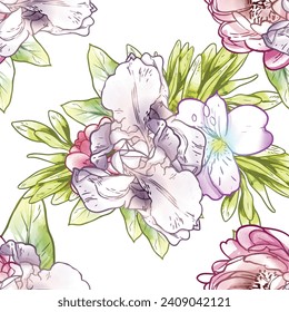 Resumen de patrón sin fisuras con plantas, hierbas y flores, ilustración botánica.