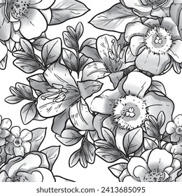 Abstract seamless pattern with plants, herbs and flowers, botanical illustration.