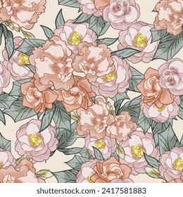 Abstract seamless pattern with plants, herbs and flowers, botanical illustration.