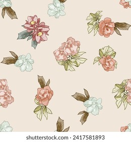 Resumen de patrón sin fisuras con plantas, hierbas y flores, ilustración botánica.