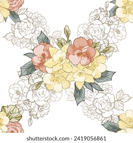 Abstract seamless pattern with plants, herbs and flowers, botanical illustration.