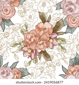 Abstract seamless pattern with plants, herbs and flowers, botanical illustration.