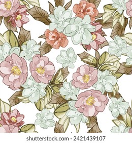 Abstract seamless pattern with plants, herbs and flowers, botanical illustration.