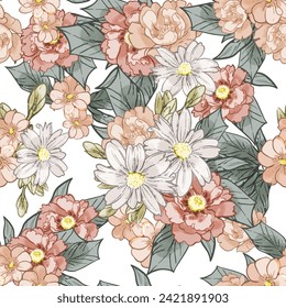 Resumen de patrón sin fisuras con plantas, hierbas y flores, ilustración botánica.