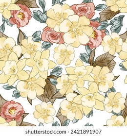 Abstract seamless pattern with plants, herbs and flowers, botanical illustration.