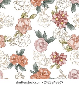 Abstract seamless pattern with plants, herbs and flowers, botanical illustration.