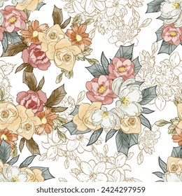 Abstract seamless pattern with plants, herbs and flowers, botanical illustration.