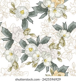 Patrón sin costuras abstracto con plantas, hierbas y flores, ilustración botánica.