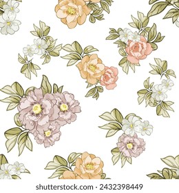 Abstract seamless pattern with plants, herbs and flowers, botanical illustration.
