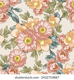 Abstract seamless pattern with plants, herbs and flowers, botanical illustration.