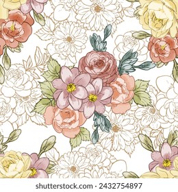 Abstract seamless pattern with plants, herbs and flowers, botanical illustration.