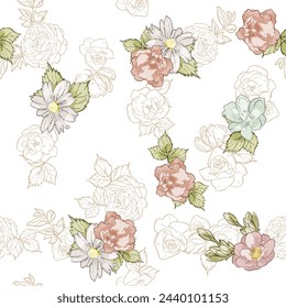 Patrón sin costuras abstracto con plantas, hierbas y flores, ilustración botánica.