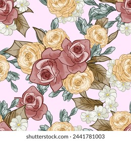 Abstract seamless pattern with plants, herbs and flowers, botanical illustration.