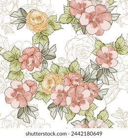 Abstract seamless pattern with plants, herbs and flowers, botanical illustration.
