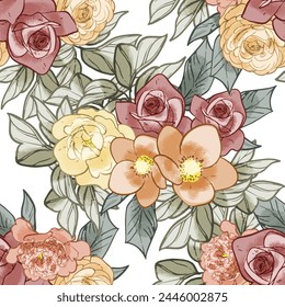Abstract seamless pattern with plants, herbs and flowers, botanical illustration.
