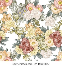 Abstract seamless pattern with plants, herbs and flowers, botanical illustration.