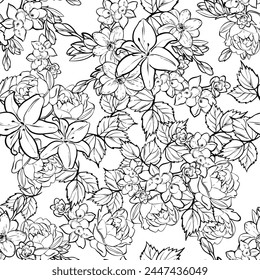 Abstract seamless pattern with plants, herbs and flowers, botanical illustration.