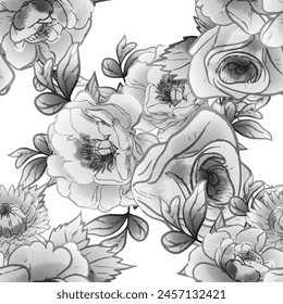 Abstract seamless pattern with plants, herbs and flowers, botanical illustration.