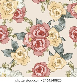 Abstract seamless pattern with plants, herbs and flowers, botanical illustration.
