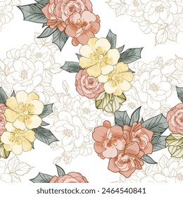 Abstract seamless pattern with plants, herbs and flowers, botanical illustration.