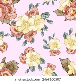 Abstract seamless pattern with plants, herbs and flowers, botanical illustration.
