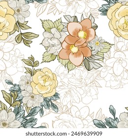 Abstract seamless pattern with plants, herbs and flowers, botanical illustration.