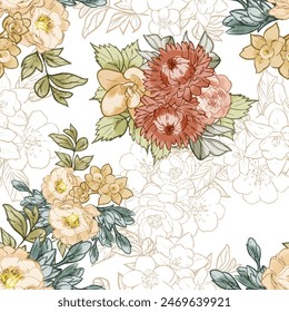 Abstract seamless pattern with plants, herbs and flowers, botanical illustration.
