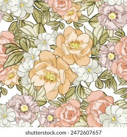Abstract seamless pattern with plants, herbs and flowers, botanical illustration.