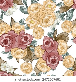 Abstract seamless pattern with plants, herbs and flowers, botanical illustration.