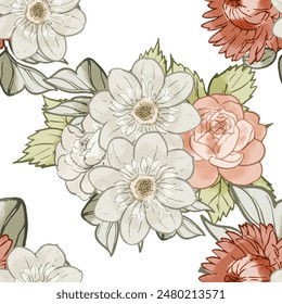 Abstract seamless pattern with plants, herbs and flowers, botanical illustration.