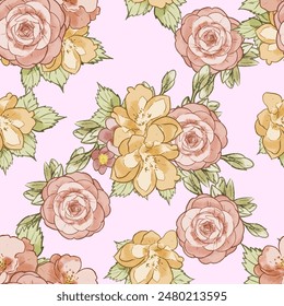 Abstract seamless pattern with plants, herbs and flowers, botanical illustration.