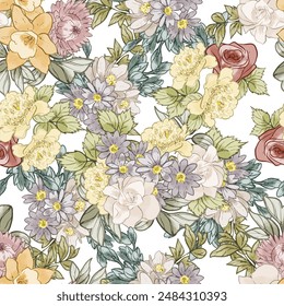 Abstract seamless pattern with plants, herbs and flowers, botanical illustration.