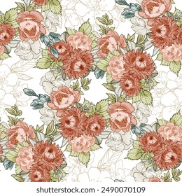 Abstract seamless pattern with plants, herbs and flowers, botanical illustration.